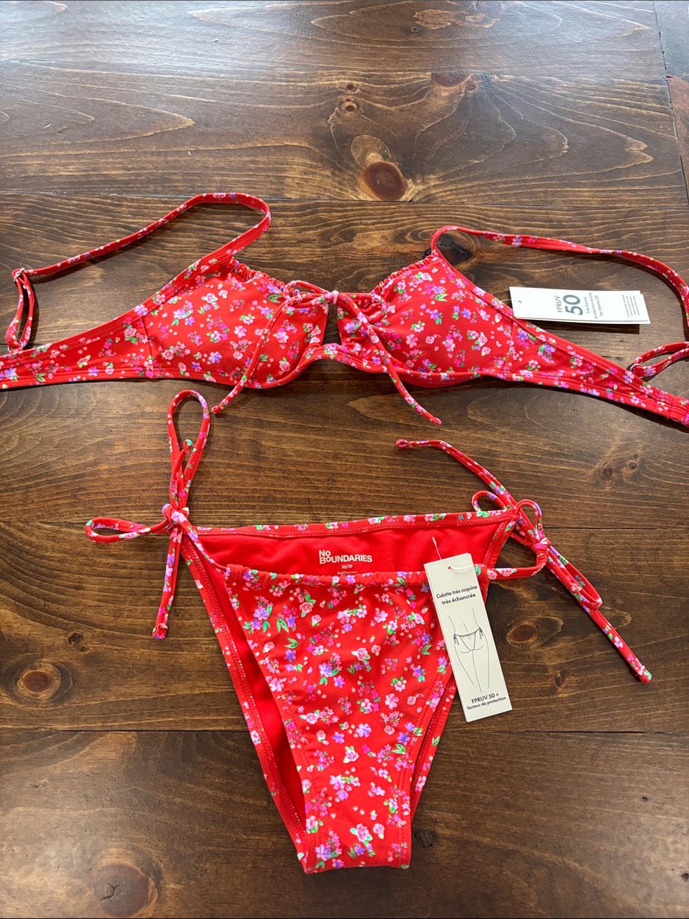 No Boundaries Red Floral Tie-Front Bandeau Bikini